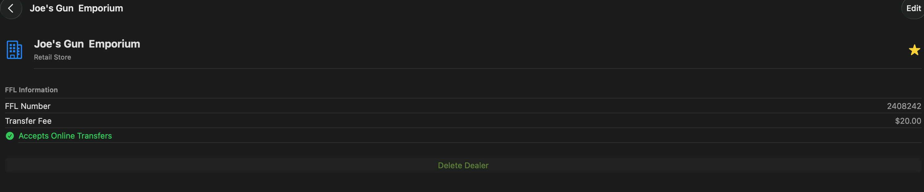 Mac — FFL dealer detail with FFL number, transfer fee, and online transfer status
